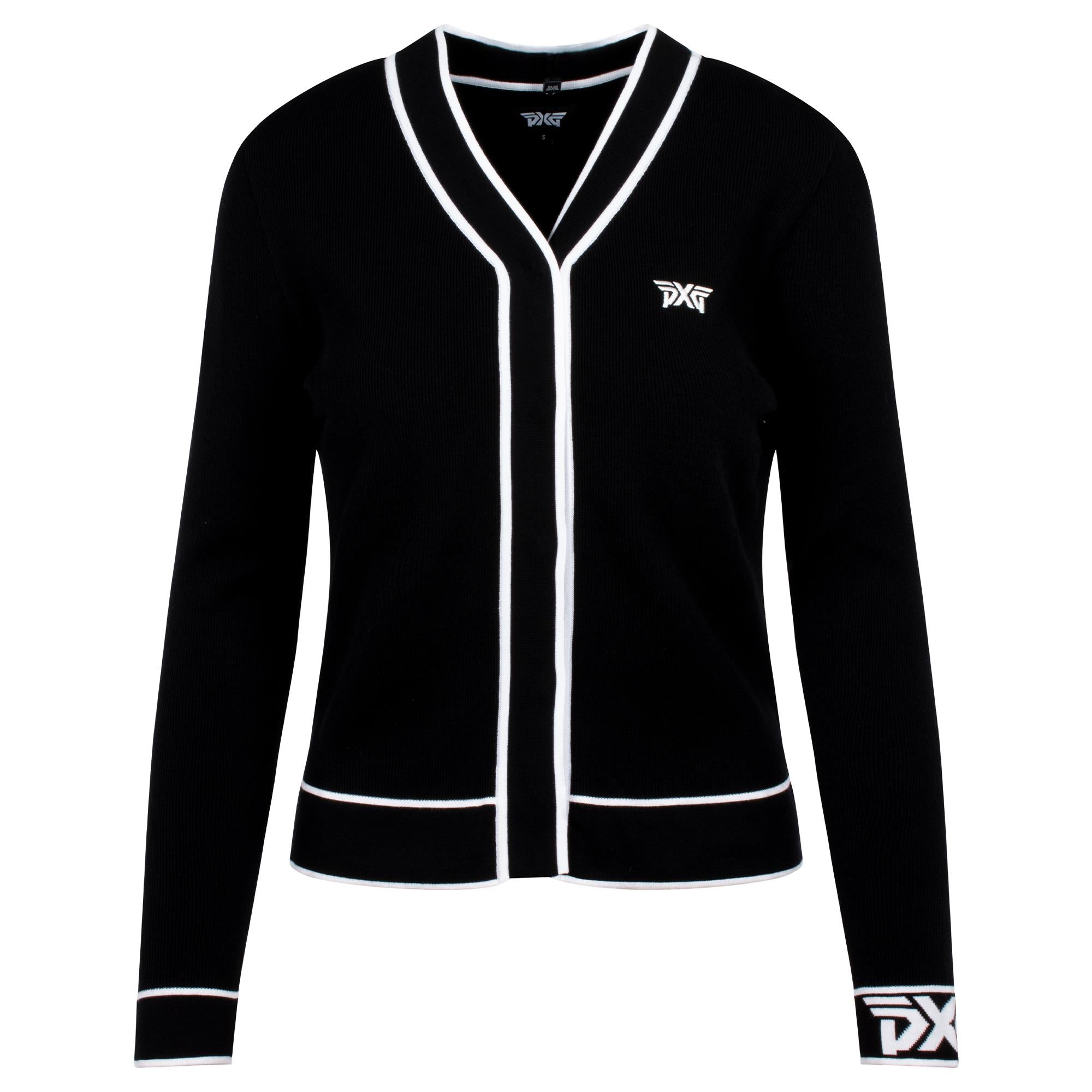 PXG Varsity V-Neck Ladies Golf Cardigan in Black and White – Front View